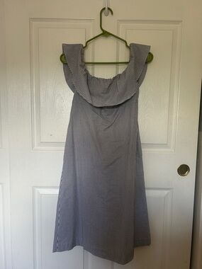 Banana Republic Navy and White Striped Off-Shoulder Midi Dress